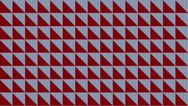 A repetitive pattern featuring dark red triangles set against a muted blue background with vertical pinstripe textures.