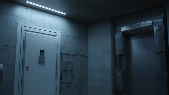 Concrete walls and a robust security door with keypads lead to a restricted area, alongside an elevator in a dimly lit, high security industrial facility