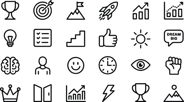 Motivational success icon set featuring trophy target rocket ships brain ideas and growth charts isolated on white background for business.