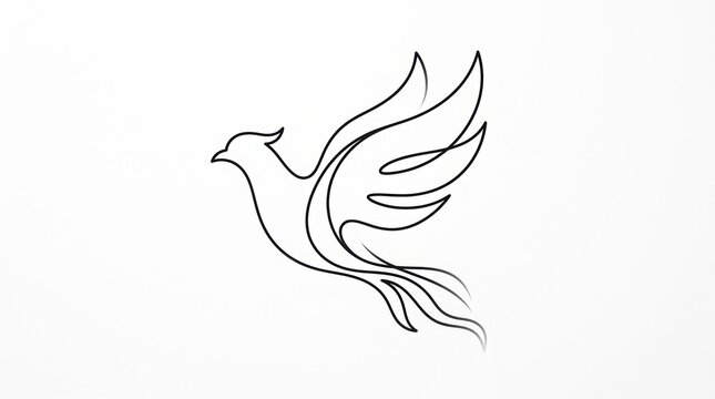 Minimalist phoenix bird line art, elegant mythical firebird illustration on white background, simple continuous line drawing of a flying bird