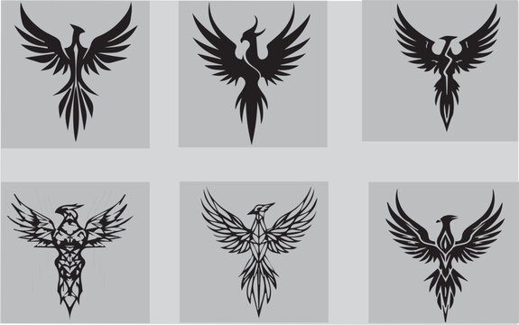 Phoenix bird tribal tattoo set, 6 black mythical firebird vector silhouettes, majestic eagle and hawk heraldry icons for logo design and branding