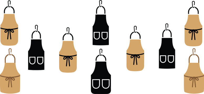Kitchen apron vector set featuring black white and brown protective clothing mockups with pockets isolated on white background for branding.