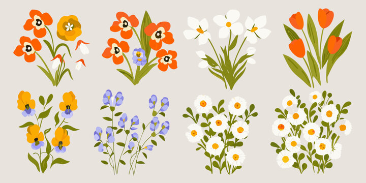 Floral arrangement of various blooms vector illustration on a beige background