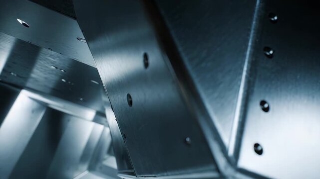 Brushed metal panels forming an industrial abstract structure with sharp geometric angles, creating a repetitive pattern and conveying strength, technology, and engineering