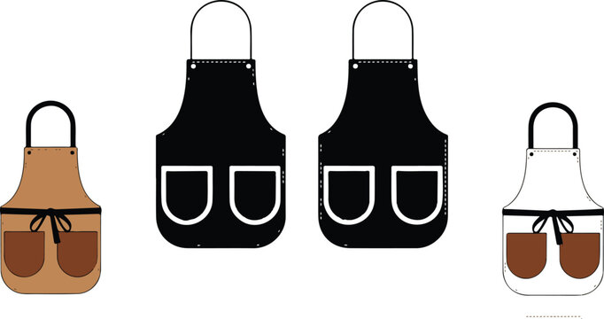 Kitchen apron vector set featuring black white and brown protective clothing mockups with pockets isolated on white background for branding.