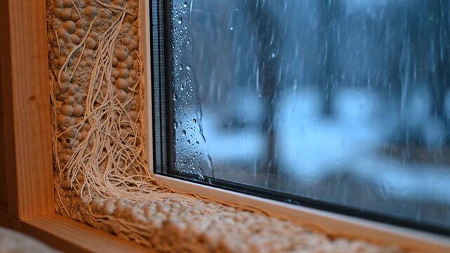 Window Scene with Rainy Glass and Stringed Insulation Creating Cozy Indoor Mood