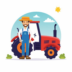 Obraz premium Farmer Standing Next to a Red Tractor