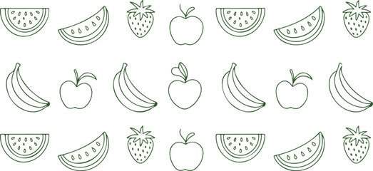 Seamless fruit pattern background with minimalist line art icons of watermelon apples bananas and strawberries for coloring or textile design. © Mousumi