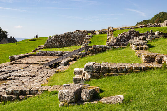 View of the ancient Roman ruins of Vindolanda with stone walls and foundations on grassy slopes under a clear blue sky in Hexham, England, United Kingdom.