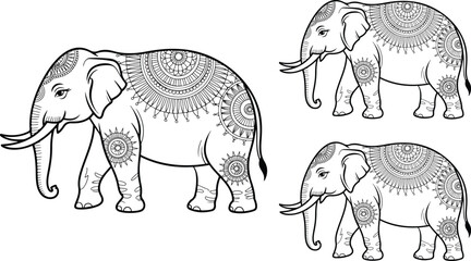 Ornate Indian elephant family vector illustration featuring adult and baby elephants with mandala patterns for coloring book design © Mousumi