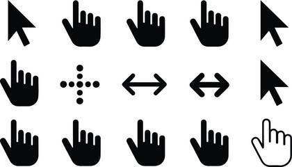 Fototapeta premium Computer mouse cursor and hand pointer icon set featuring arrows clicking hands and scrolling symbols in vector illustration,