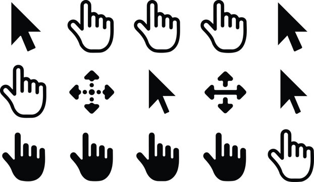 Computer mouse cursor and hand pointer icon set featuring arrows clicking hands and scrolling symbols in vector illustration,