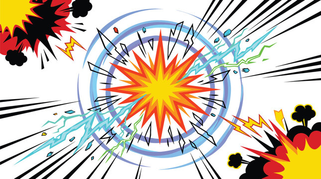 Dynamic comic book explosion vector with colorful blast starburst lightning bolts and motion lines for action graphic design background, pop art style super power effect.