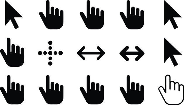 Computer mouse cursor and hand pointer icon set featuring arrows clicking hands and scrolling symbols in vector illustration,