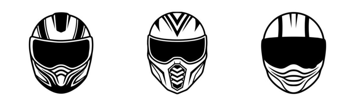 Set of three motorcycle helmet vector icons, full face racing and motocross helmet illustrations, black and white sports headgear symbols.