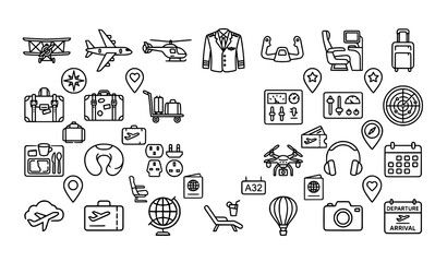  Travel and aviation outline icons set editable stroke luggage plane and destination vector symbols © Md