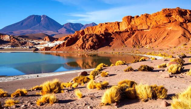 Scenic landscape featuring a lake, reddish mountains, and a dormant volcano in the distant background