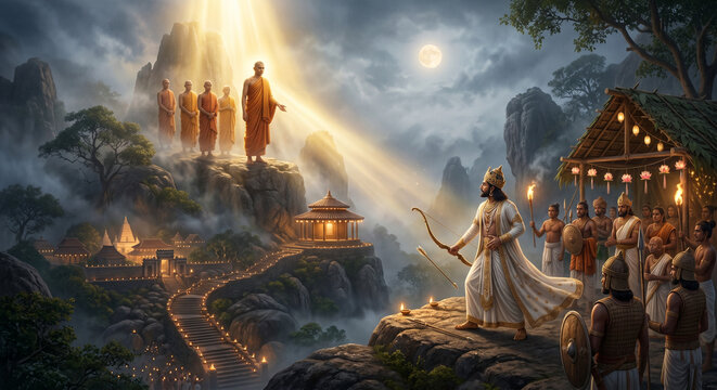 Arahat Mahinda Thero arriving in ancient Sri Lanka during Poson
