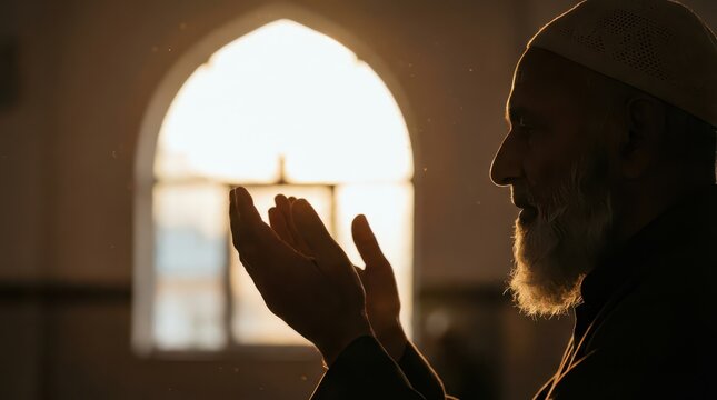 Side profile of a man praying with raised hands in mosque window light for eid al adha worship background and poster