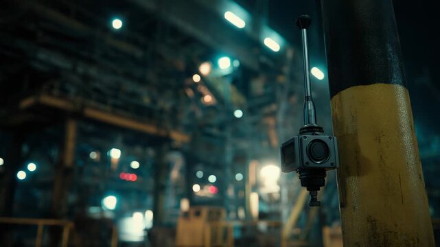 Industrial smart sensor observing a busy factory floor with production machinery and glowing lights in the background, symbolizing automation, technology, and industry 4.0 in a manufacturing setting