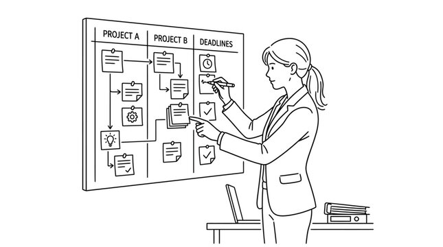 Businesswoman diligently organizing and strategizing complex project tasks on a visual whiteboard, emphasizing efficient workflow management and deadline tracking