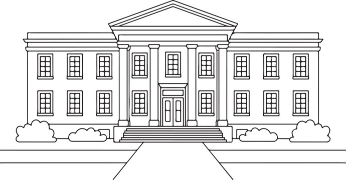 Educational building architecture line art illustration classic university courthouse school exterior facade building line icon.