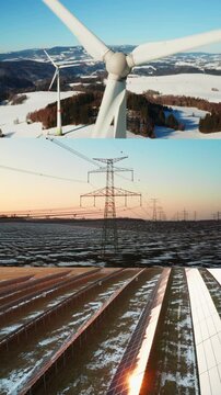 Winter renewable energy systems including wind turbine blade and solar panels. Clean power and grid modernization theme.