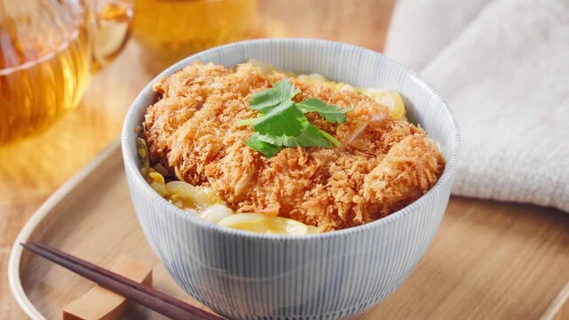 カツ丼 三つ葉を添えたとんかつの卵とじ丼