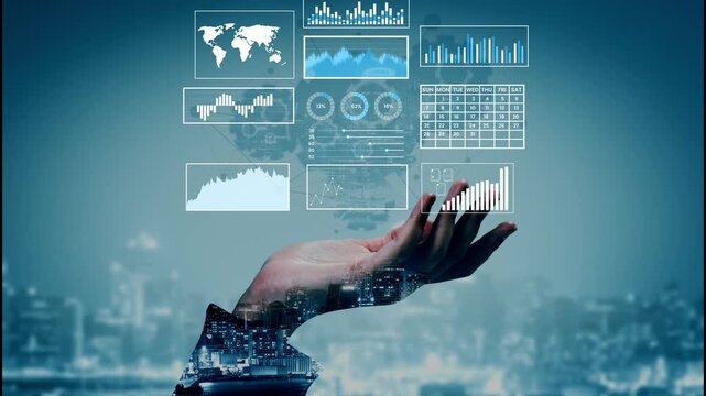 Futuristic Hand Holding Data Visualizations with Graphs, World Map, and Analytical Tools Against Cityscape Background at Dusk Gluon.