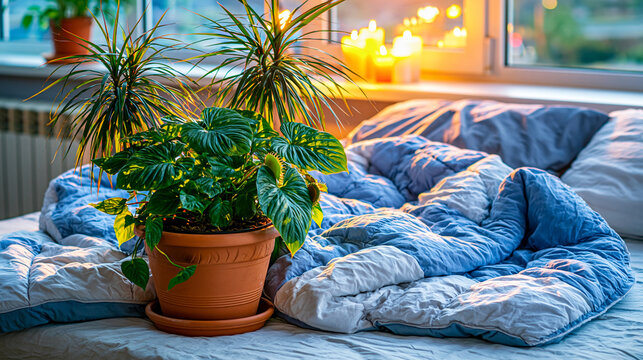 Potted houseplant on bed with unmade blue quilted bedding houseplant lifestyle greenery