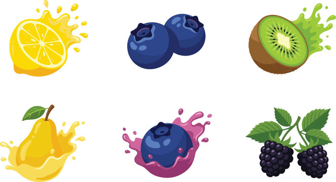 Fresh Fruits with Splash Effect Including Lemon, Blueberry, Kiwi, Pear, and Blackberry for Juicy Illustrations