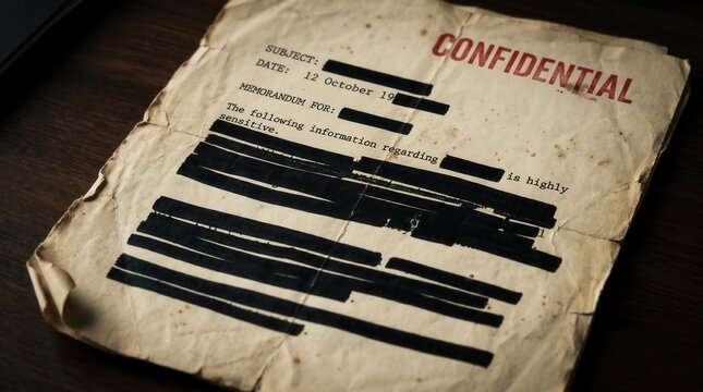 A vintage, weathered confidential document with redacted text on a dark wooden surface