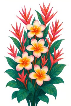 Beautiful tropical plumeria and red heliconia flowers bouquet on white background