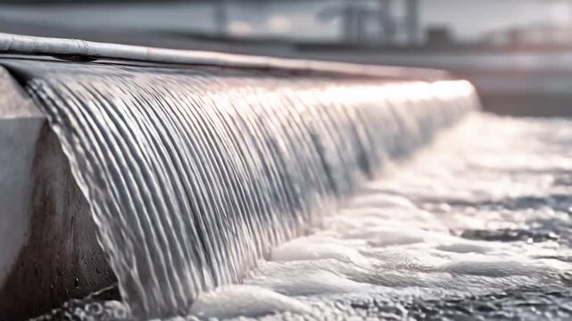 Water continuously flowing over a barrier, creating foam and ripples below, indicating a stage in modern wastewater treatment and reclamation for industrial use