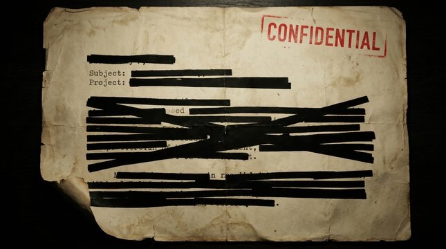 Old weathered document with confidential stamp and redacted blacked out text