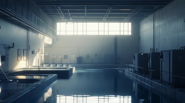 Industrial interior featuring large water filled basins and a reflective pool, creating a surreal and liminal atmosphere within a large, empty power generating structure