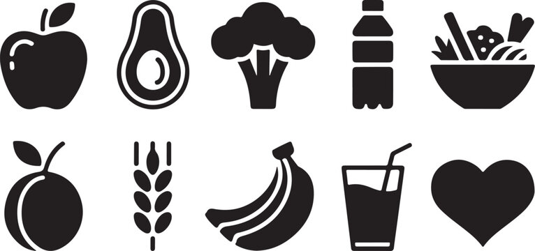 Healthy food icons set featuring fresh fruits vegetables drink bottle and salad bowl for balanced nutrition and dietary plan.