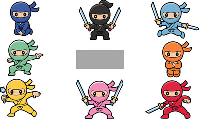 Cute colorful ninja warrior character set featuring various cartoon assassins in different action poses with swords isolated on white background © Quadra