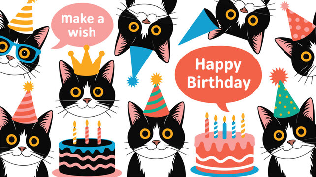 Happy birthday cat vector illustration featuring cute tuxedo cats with party hats birthday cakes and festive speech bubble messages,