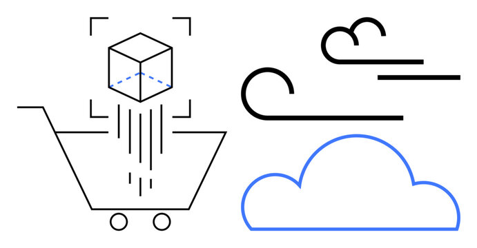 E-commerce, cloud computing, online shopping, digital transformation, logistics, data storage. A shopping cart with a cube, clouds and flowing lines. E-commerce and cloud computing concept