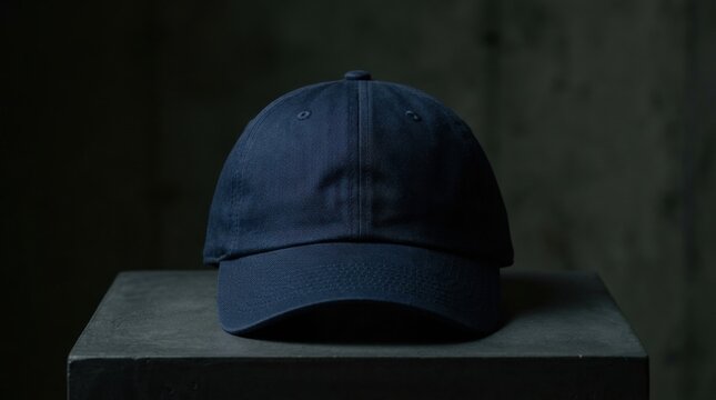 Navy blue baseball cap mockup, blank cotton dad hat on stone pedestal, minimalist streetwear apparel accessory in dark moody lighting