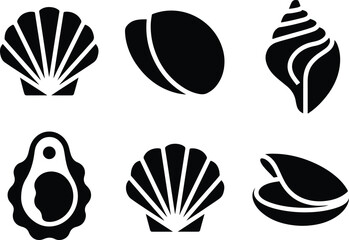 Minimalist Seashell and Marine Mollusk Silhouette Collection, Black and White Silhouettes of Scallops, Clams, and Conchs, Modern Coastal Nature and Beachcombing Vector Graphics. © naeem