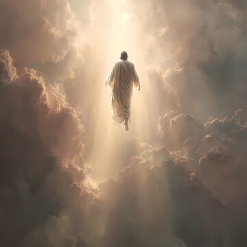 The man in a white robe ascends through clouds towards radiant light beams.