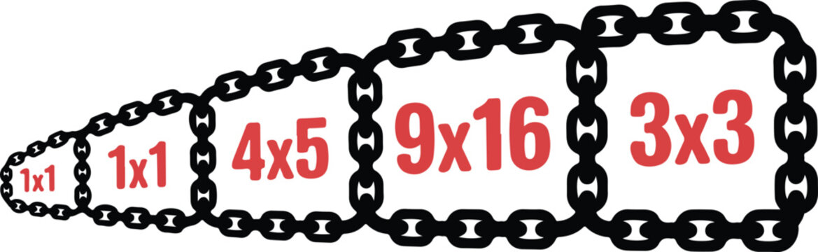 Black metal chain border frames set with various social media aspect ratios including square vertical and widescreen vector illustration