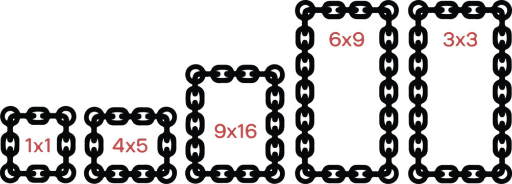 Black metal chain border frames set with various social media aspect ratios including square vertical and widescreen vector illustration