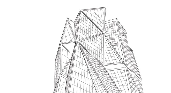 Abstract geometric skyscraper design with sharp angular architectural features and glass facade
