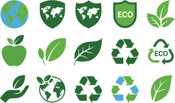 Green eco friendly and environmental icon set featuring recycling leaves earth globes and organic food symbols for sustainable.