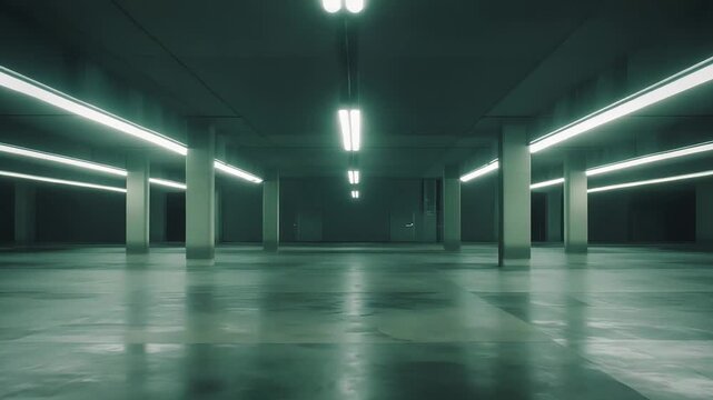Empty parking garage with rows of fluorescent lights illuminating the wide concrete floor and structural pillars, creating an industrial, minimalist, and abandoned atmosphere
