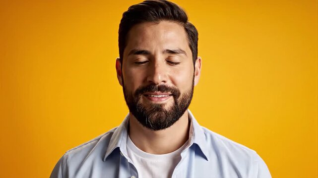 A man with a beard smiling peacefully.