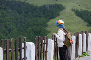 Obraz premium Hiker woman standing at wooden fence enjoying mountain scenery